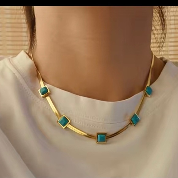 Turquoise Blue Stone Square Herringbone Necklace - Picture 6 of 17